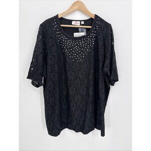 Quacker Factory Womens Black Rhinestone Lace Top Size 3X Evening Glam NEW